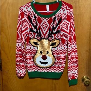 “Ugly” Christmas sweater with reversible sequence